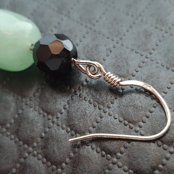 Pretty Vintage 925 Sterling Silver Aventurine & Black Glass Bead Dangle Earrings - Picture 9 of 14